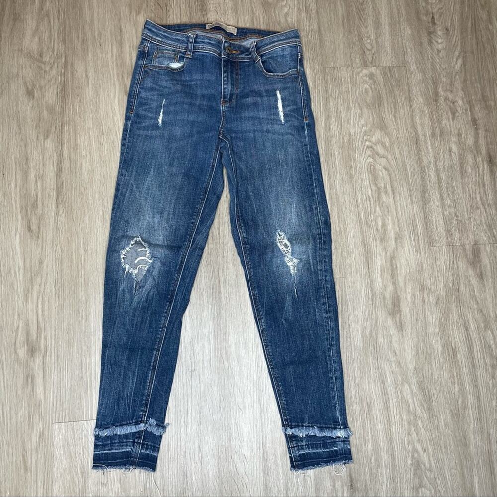 ZARA BASIC Women's Medium Wash Distressed/ Frayed Z1975 Denim Skinny Jeans sz 2 - Picture 2 of 3